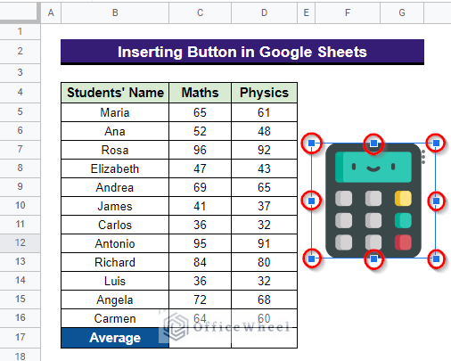 resizing the image or the drawing to insert button in google sheets